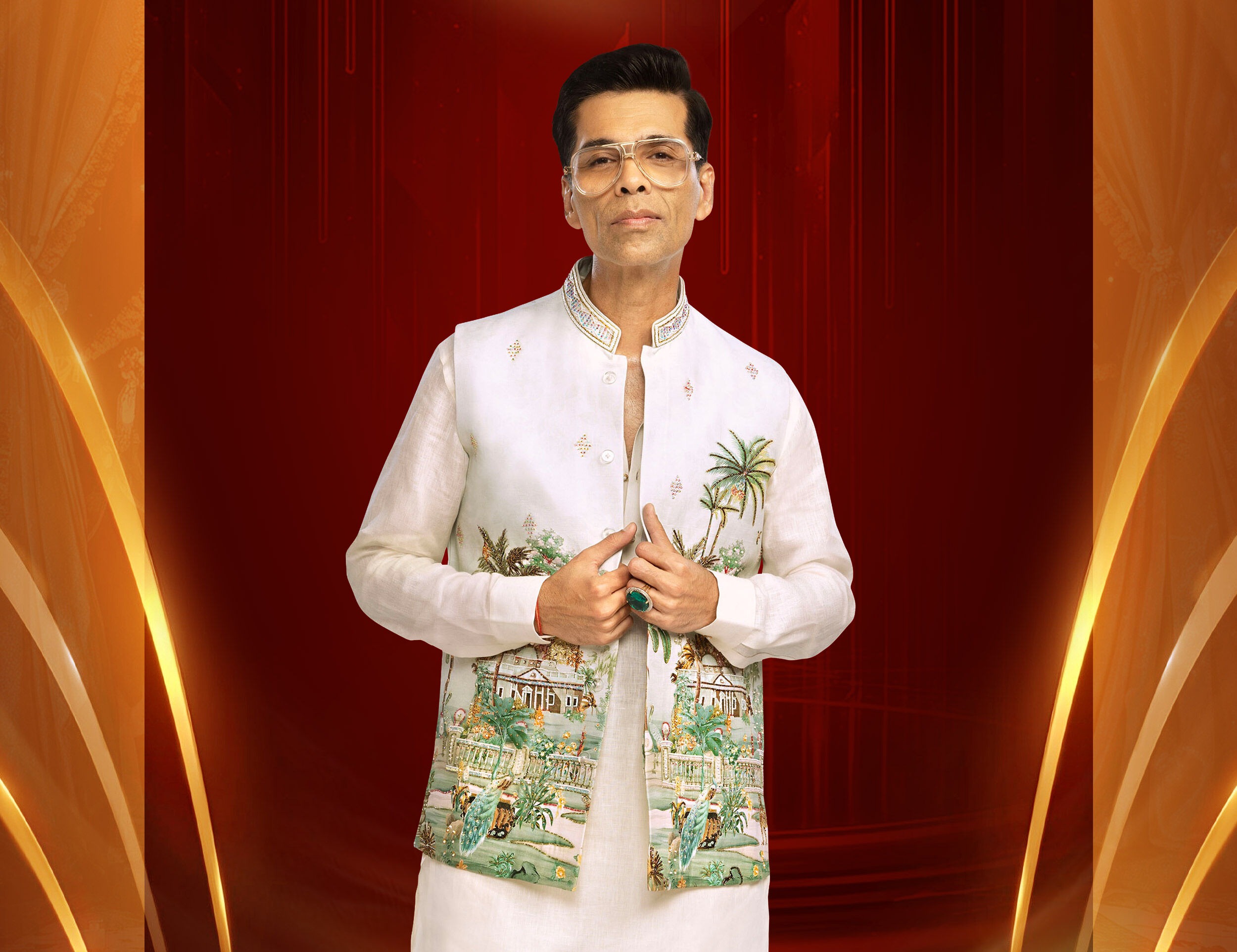 Karan Johar in Manyavar Shadi Show Episode 1 wearing an embroidered pastel Nehru jacket over a traditional kurta.